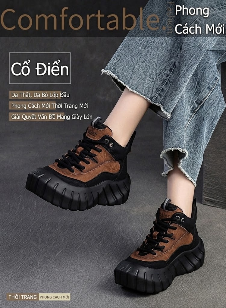 Giày Martin Nữ Da Bò Đế Bánh Mì Cao Cấp Chiều Cao Đế Khoảng 5cm Màu Đen, Nâu, Be, Đỏ chi tiết 1