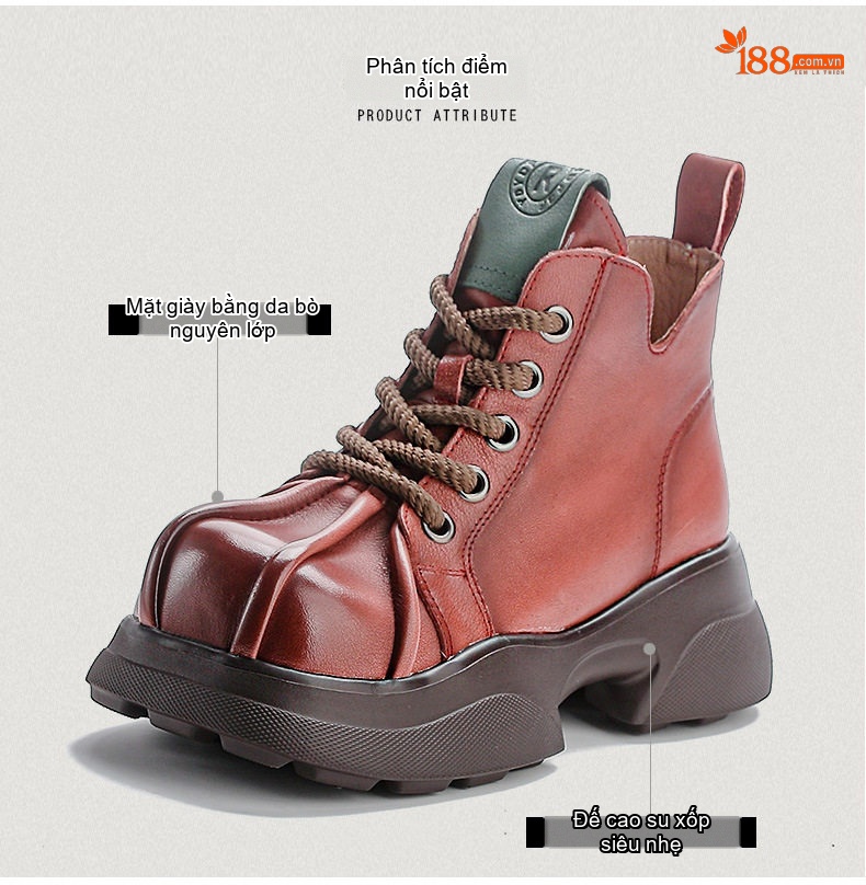 Giày Martin Nữ Da Bò Đế Dày Chiều Cao Đế Khoảng 5cm Dây Buộc Phong Cách Retro Màu Đỏ, Đen, Nâu chi tiết 3