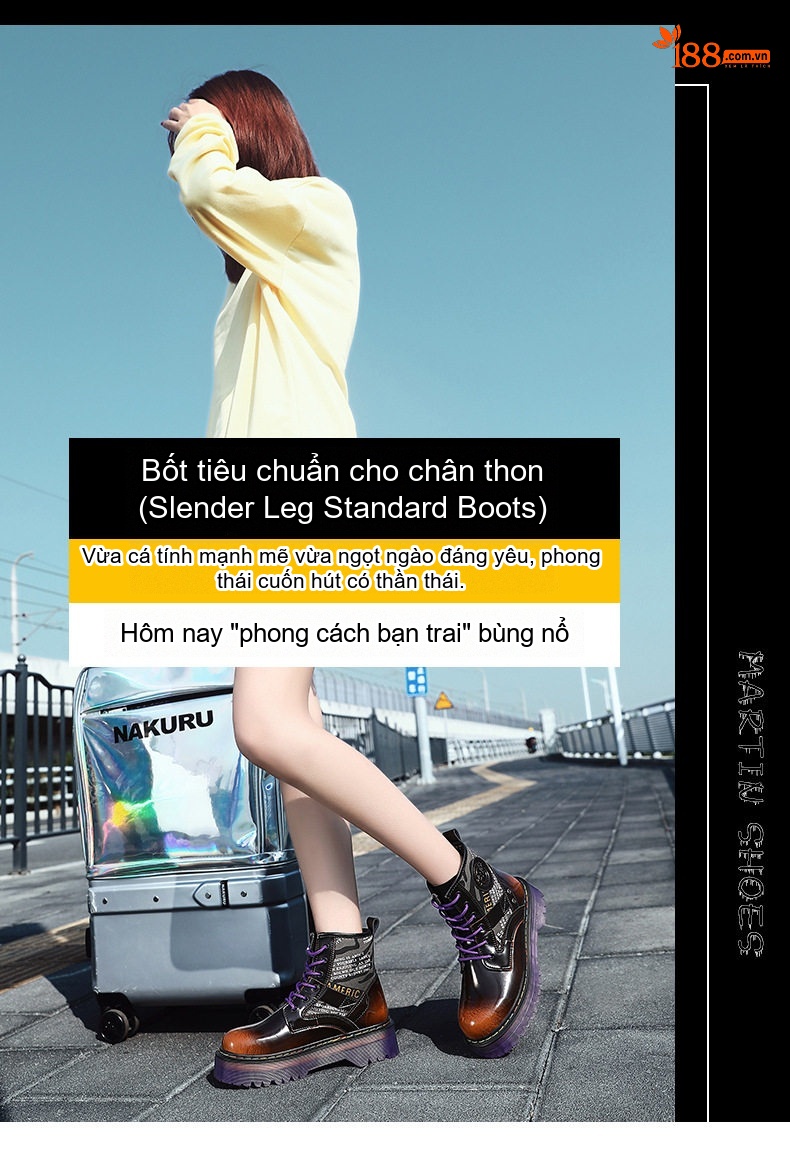 Giày Martin Nữ Da Bò Đế Dày Phong Cách Âu Mỹ Chiều Cao Đế Khoảng 5cm Màu Đen, Nâu chi tiết 1