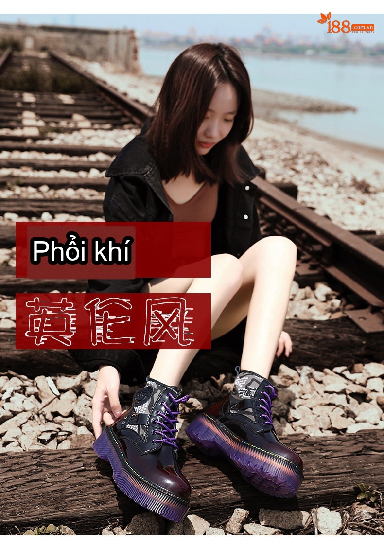 Giày Martin Nữ Da Bò Đế Dày Phong Cách Âu Mỹ Chiều Cao Đế Khoảng 5cm Màu Đen, Nâu chi tiết 2