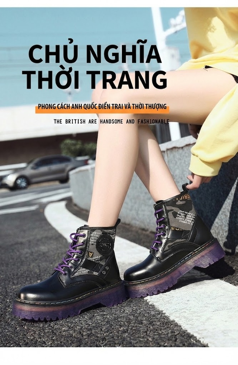 Giày Martin Nữ Da Bò Đế Dày Phong Cách Âu Mỹ Chiều Cao Đế Khoảng 5cm Màu Đen, Nâu chi tiết 14