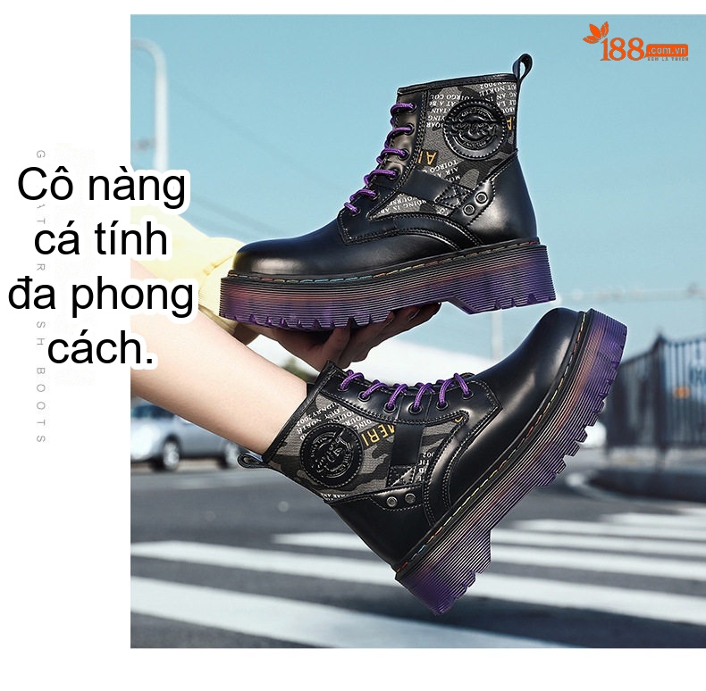 Giày Martin Nữ Da Bò Đế Dày Phong Cách Âu Mỹ Chiều Cao Đế Khoảng 5cm Màu Đen, Nâu chi tiết 15