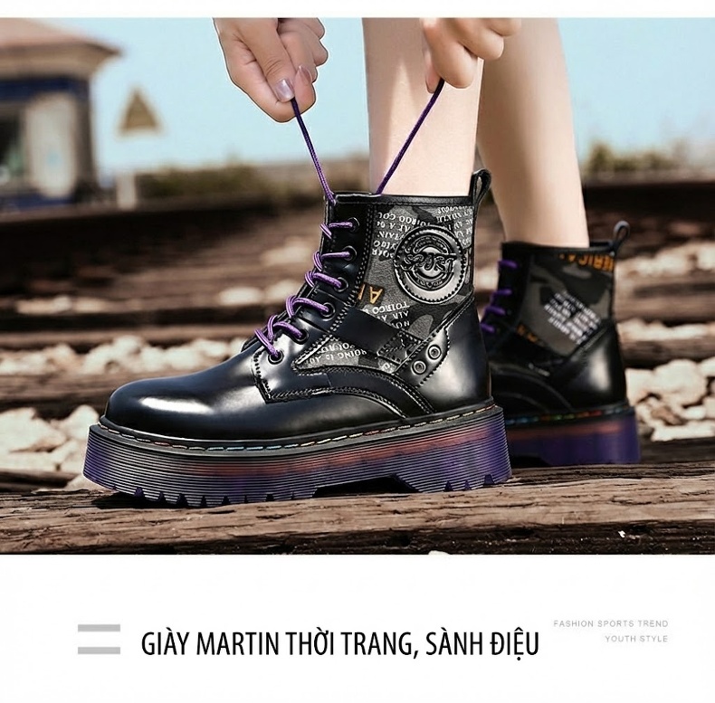 Giày Martin Nữ Da Bò Đế Dày Phong Cách Âu Mỹ Chiều Cao Đế Khoảng 5cm Màu Đen, Nâu chi tiết 16