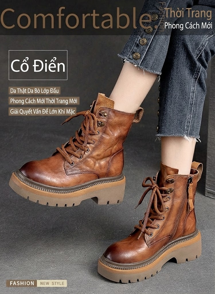 Giày Martin Nữ Da Bò Lót Lông Giữ Ấm Dáng Nhăn Khóa Bên Hông Chiều Cao Đế Khoảng 5cm Màu Nâu, Đen chi tiết 2