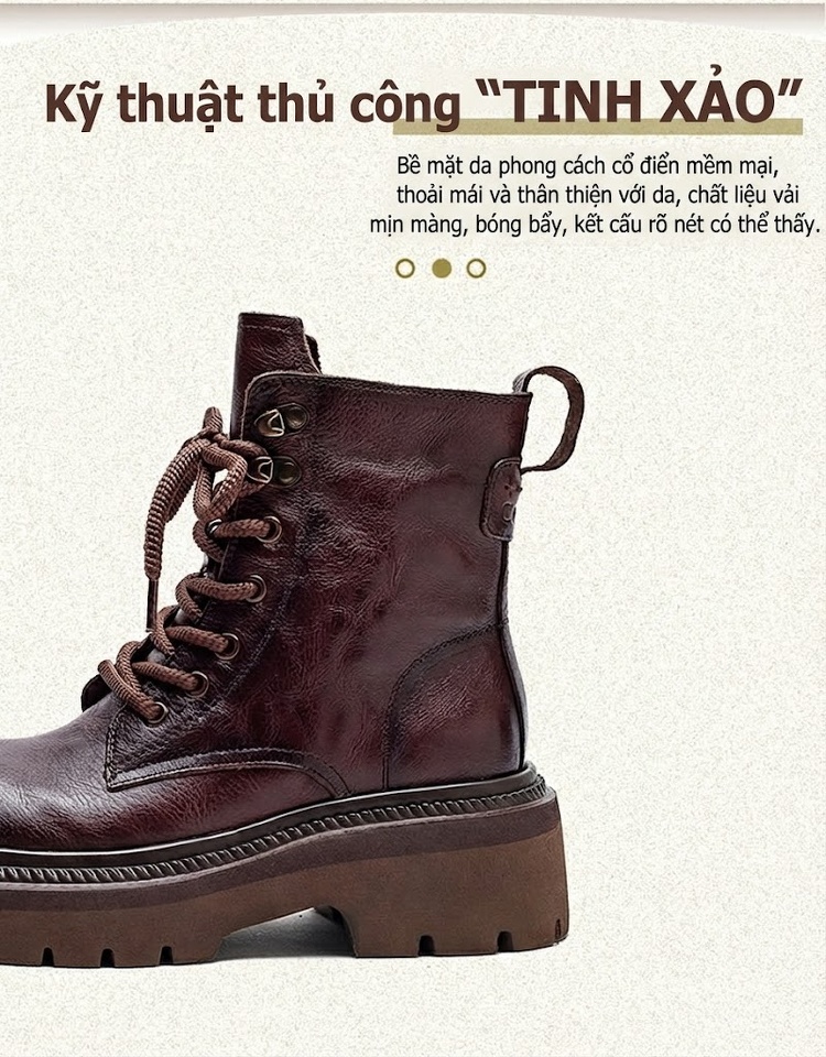 Giày Martin Nữ Da Bò Lót Lông Giữ Ấm Dáng Nhăn Khóa Bên Hông Chiều Cao Đế Khoảng 5cm Màu Nâu, Đen chi tiết 3