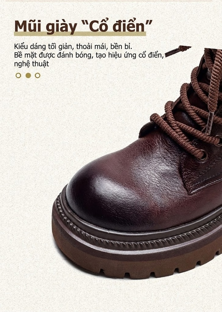 Giày Martin Nữ Da Bò Lót Lông Giữ Ấm Dáng Nhăn Khóa Bên Hông Chiều Cao Đế Khoảng 5cm Màu Nâu, Đen chi tiết 4