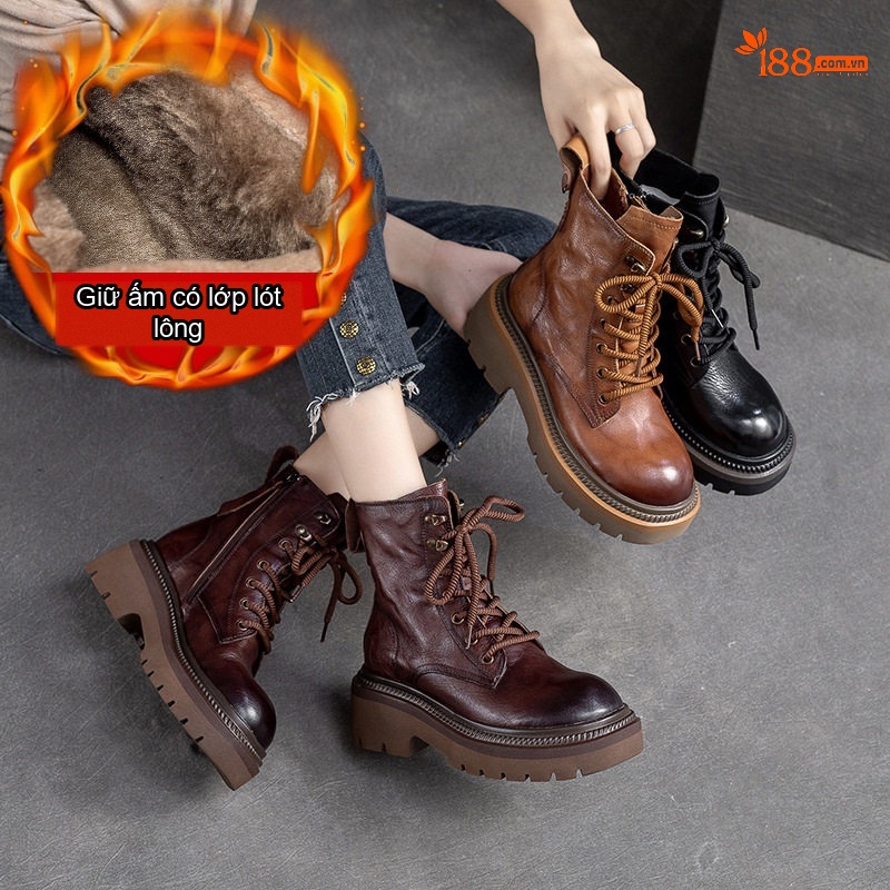 Giày Martin Nữ Da Bò Lót Lông Giữ Ấm Dáng Nhăn Khóa Bên Hông Chiều Cao Đế Khoảng 5cm Màu Nâu, Đen