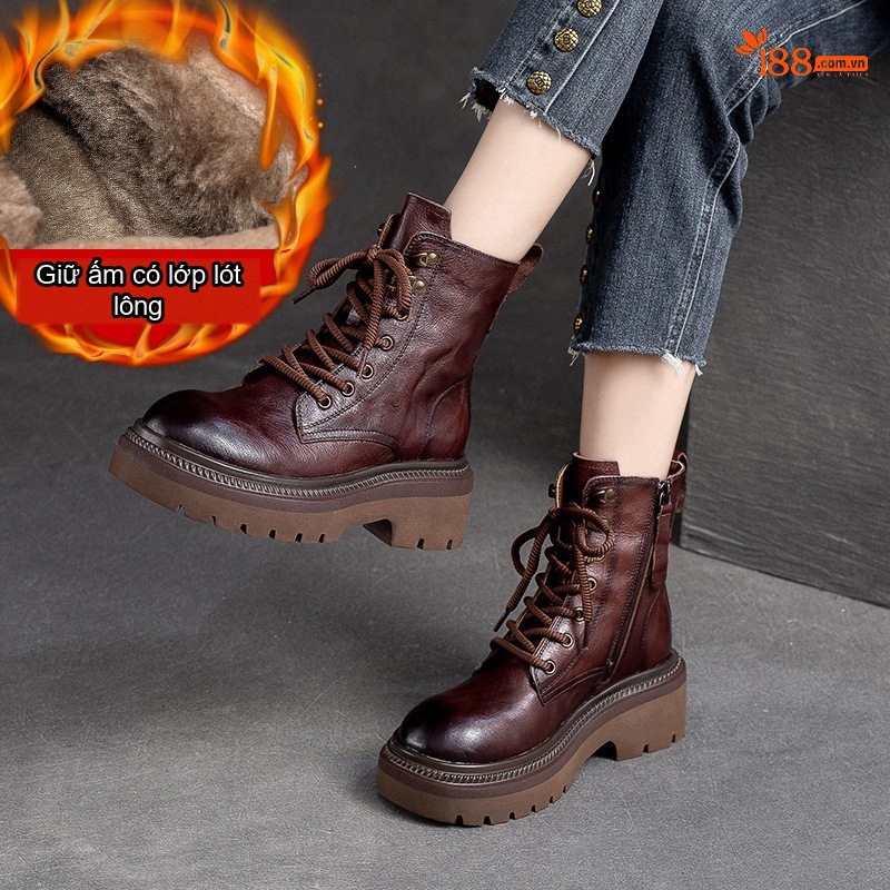 Giày Martin Nữ Da Bò Lót Lông Giữ Ấm Dáng Nhăn Khóa Bên Hông Chiều Cao Đế Khoảng 5cm Màu Nâu, Đen