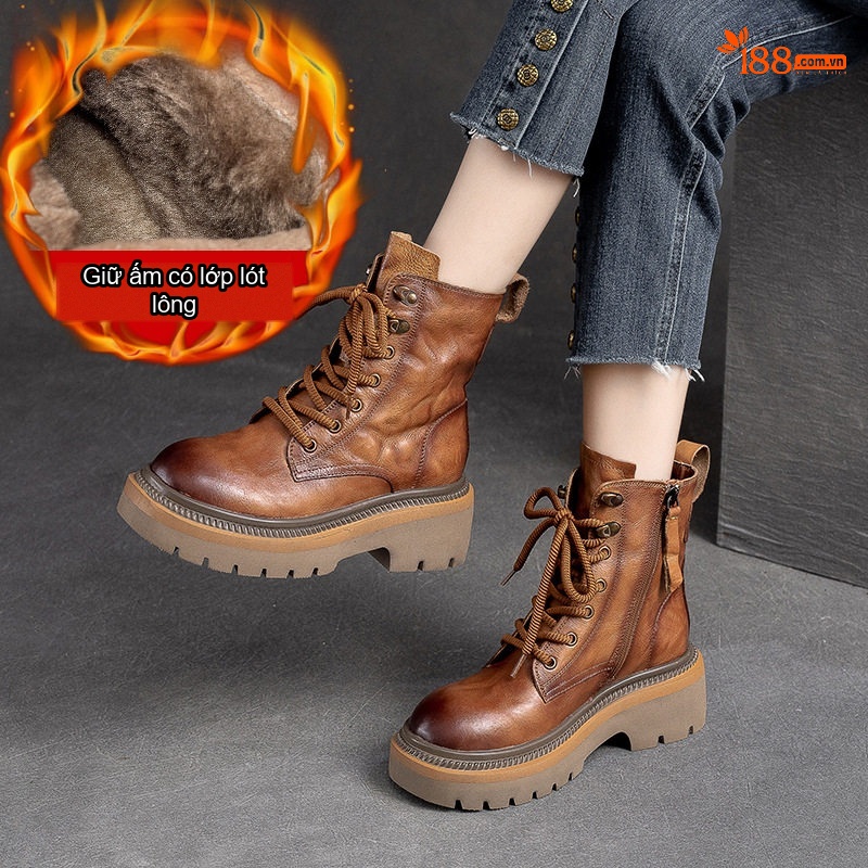 Giày Martin Nữ Da Bò Lót Lông Giữ Ấm Dáng Nhăn Khóa Bên Hông Chiều Cao Đế Khoảng 5cm Màu Nâu, Đen