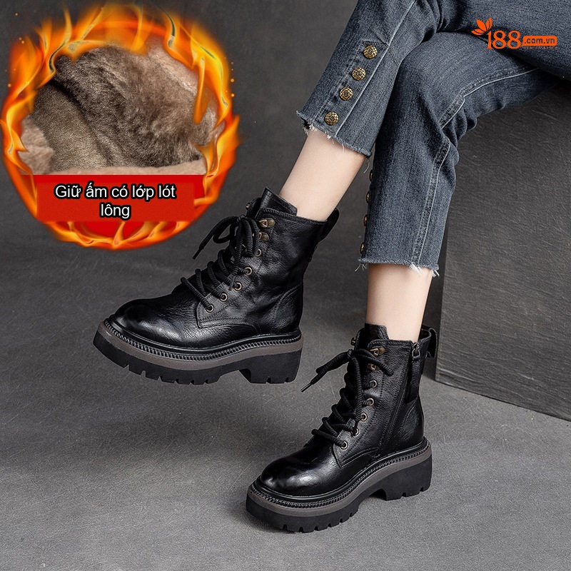 Giày Martin Nữ Da Bò Lót Lông Giữ Ấm Dáng Nhăn Khóa Bên Hông Chiều Cao Đế Khoảng 5cm Màu Nâu, Đen