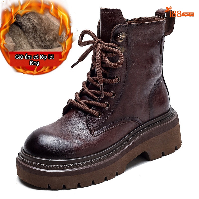 Giày Martin Nữ Da Bò Lót Lông Giữ Ấm Dáng Nhăn Khóa Bên Hông Chiều Cao Đế Khoảng 5cm Màu Nâu, Đen