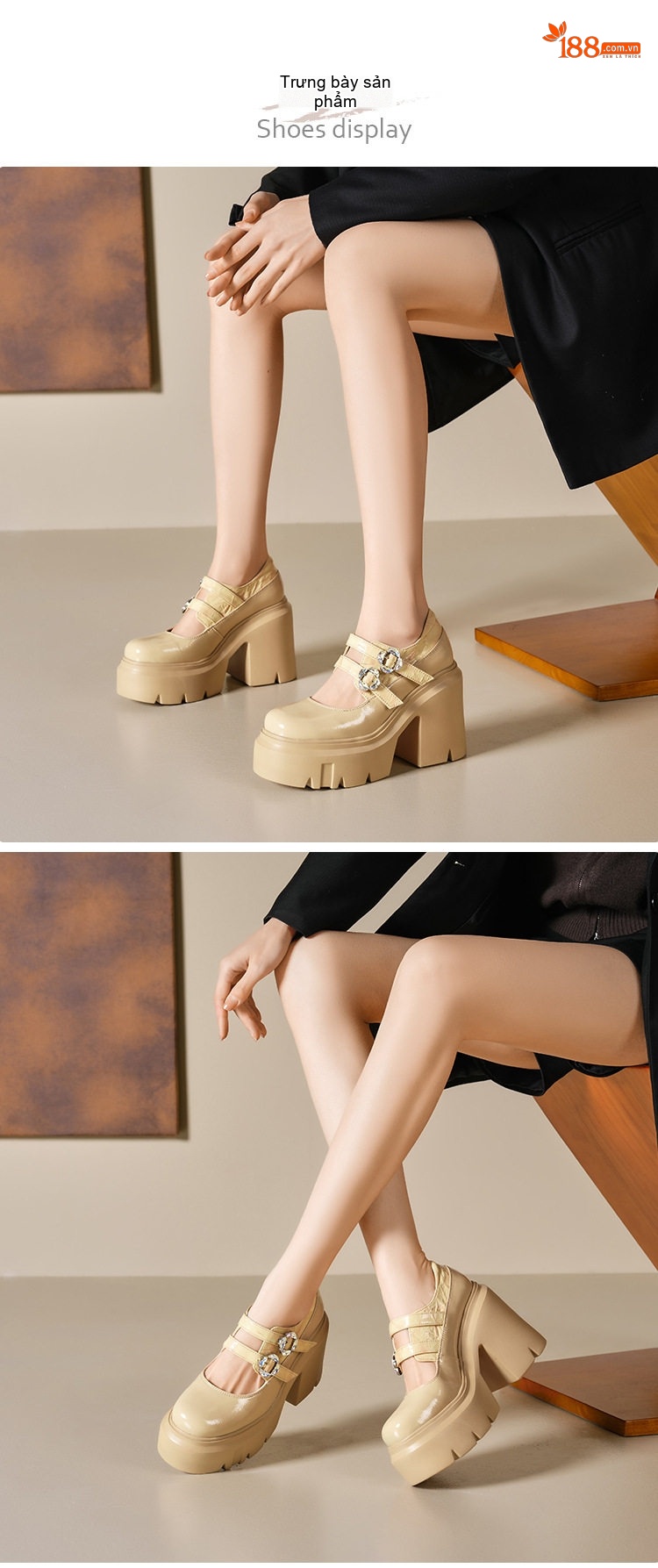 Giày Mary Jane Nữ Cao Gót Đế Thô Bề Mặt Da Bóng Chiều Cao Đế Khoảng 12cm Màu Be, Đen chi tiết 1