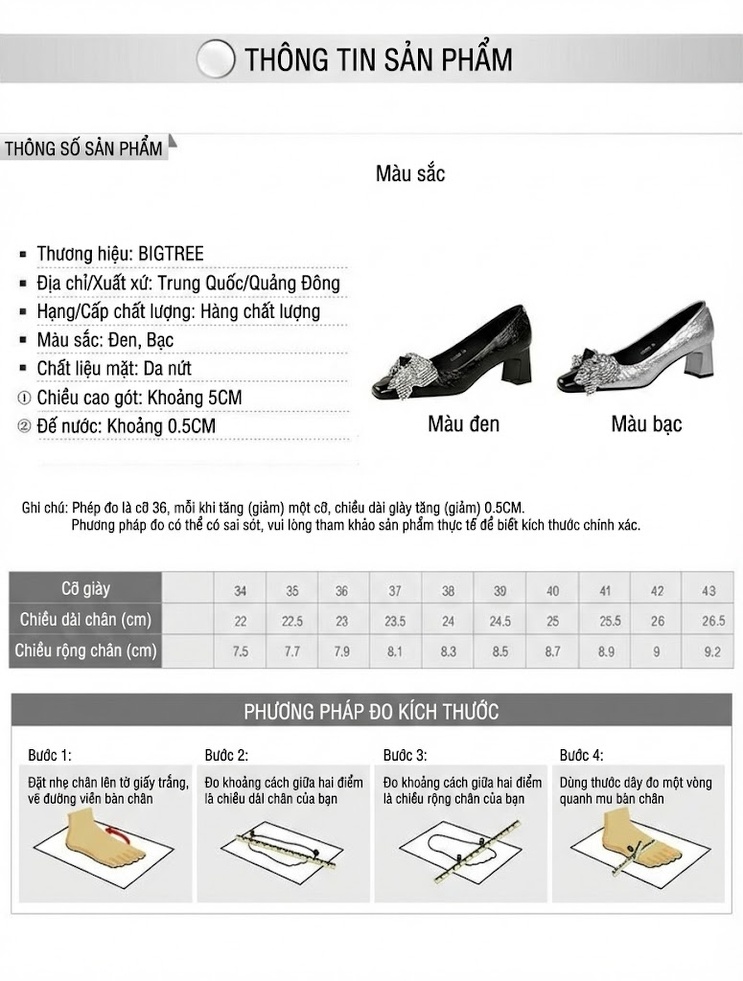 Giày Mary Jane Nữ Da Bóng Gót Vuông Chiều Cao Đế Khoảng 5cm Đính Nơ Màu Đen, Bạc chi tiết 1