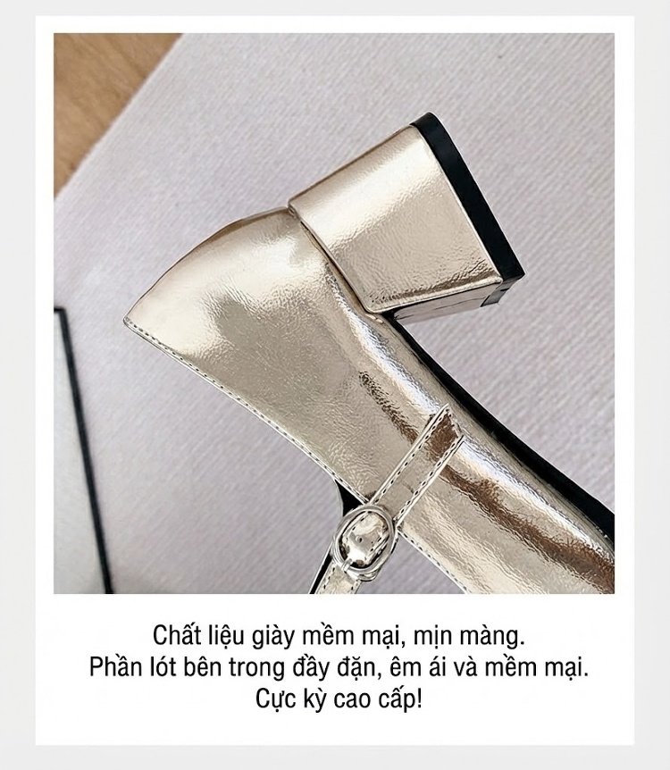 Giày Mary Jane Nữ Da Bóng Khóa Một Chữ Chiều Cao Đế Khoảng 5cm Màu Vàng, Bạc chi tiết 8