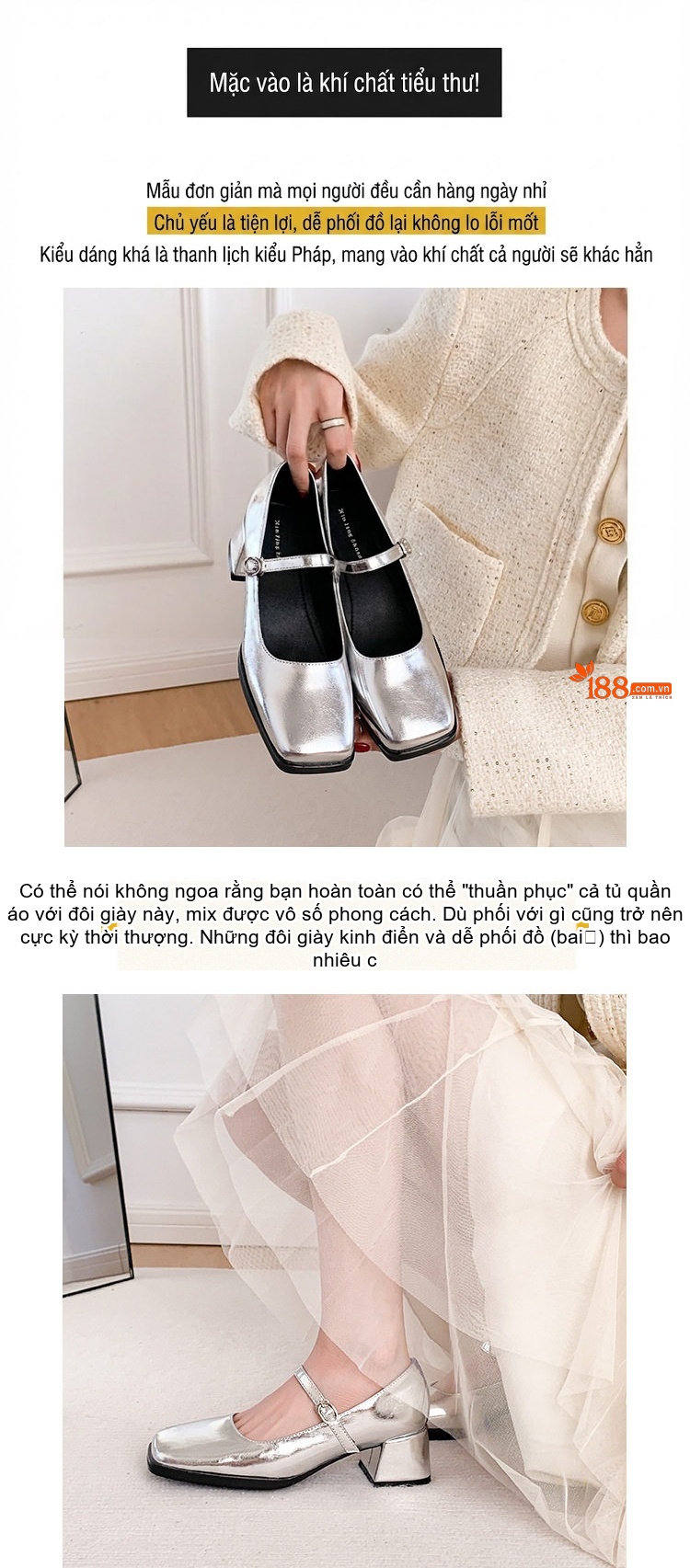 Giày Mary Jane Nữ Da Bóng Khóa Một Chữ Chiều Cao Đế Khoảng 5cm Màu Vàng, Bạc chi tiết 5