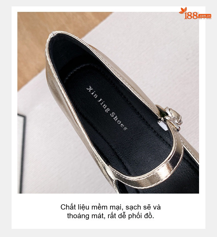 Giày Mary Jane Nữ Da Bóng Khóa Một Chữ Chiều Cao Đế Khoảng 5cm Màu Vàng, Bạc chi tiết 7