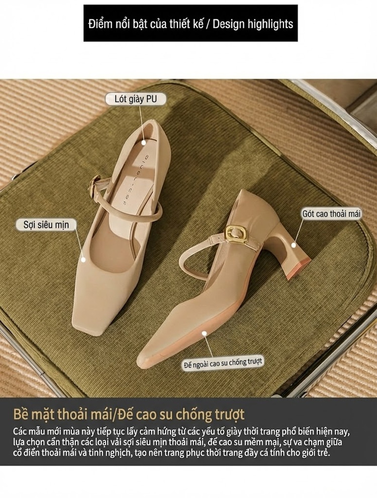 Giày Mary Jane Nữ Da Bóng Mũi Vuông Gót Vuông Chiều Cao Đế Khoảng 5cm Màu Đen, Kem chi tiết 4