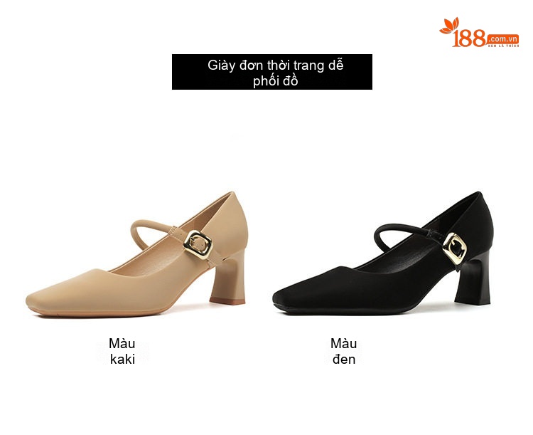 Giày Mary Jane Nữ Da Bóng Mũi Vuông Gót Vuông Chiều Cao Đế Khoảng 5cm Màu Đen, Kem chi tiết 7