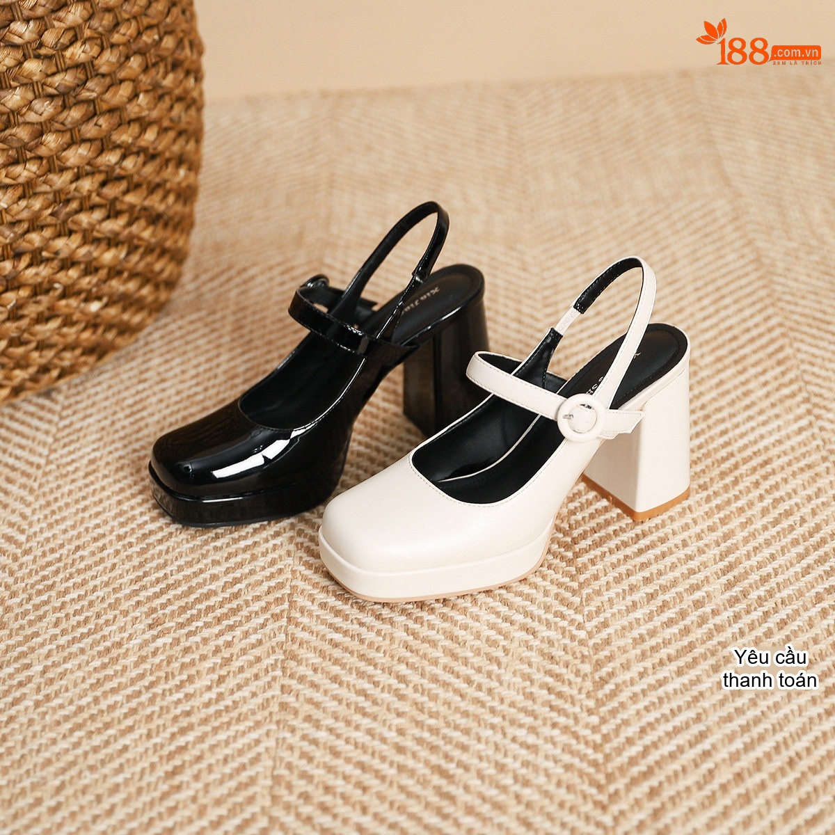Giày Mary Jane Nữ Da Bóng Mũi Vuông Quai Ngang Chiều Cao Đế Khoảng 7cm Màu Đen, Trắng