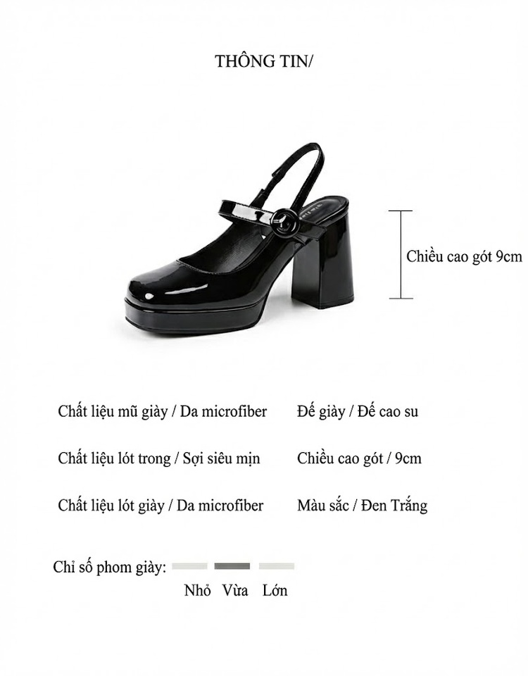 Giày Mary Jane Nữ Da Bóng Mũi Vuông Quai Ngang Chiều Cao Đế Khoảng 7cm Màu Đen, Trắng chi tiết 2