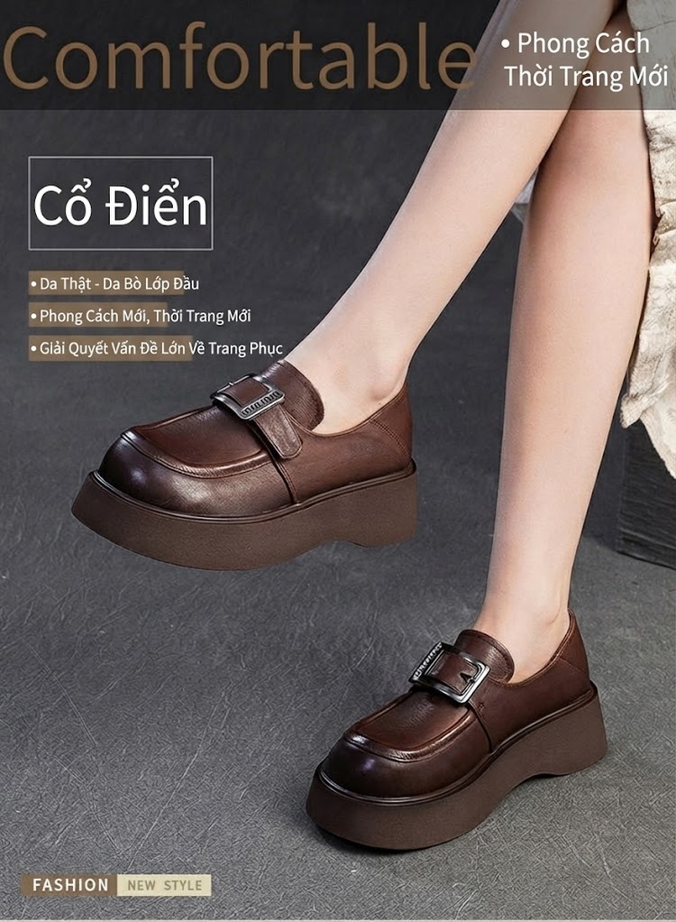 Giày Mary Jane Nữ Da Bóng Phong Cách Anh Quốc Chiều Cao Đế Khoảng 4cm Màu Đen, Nâu chi tiết 2