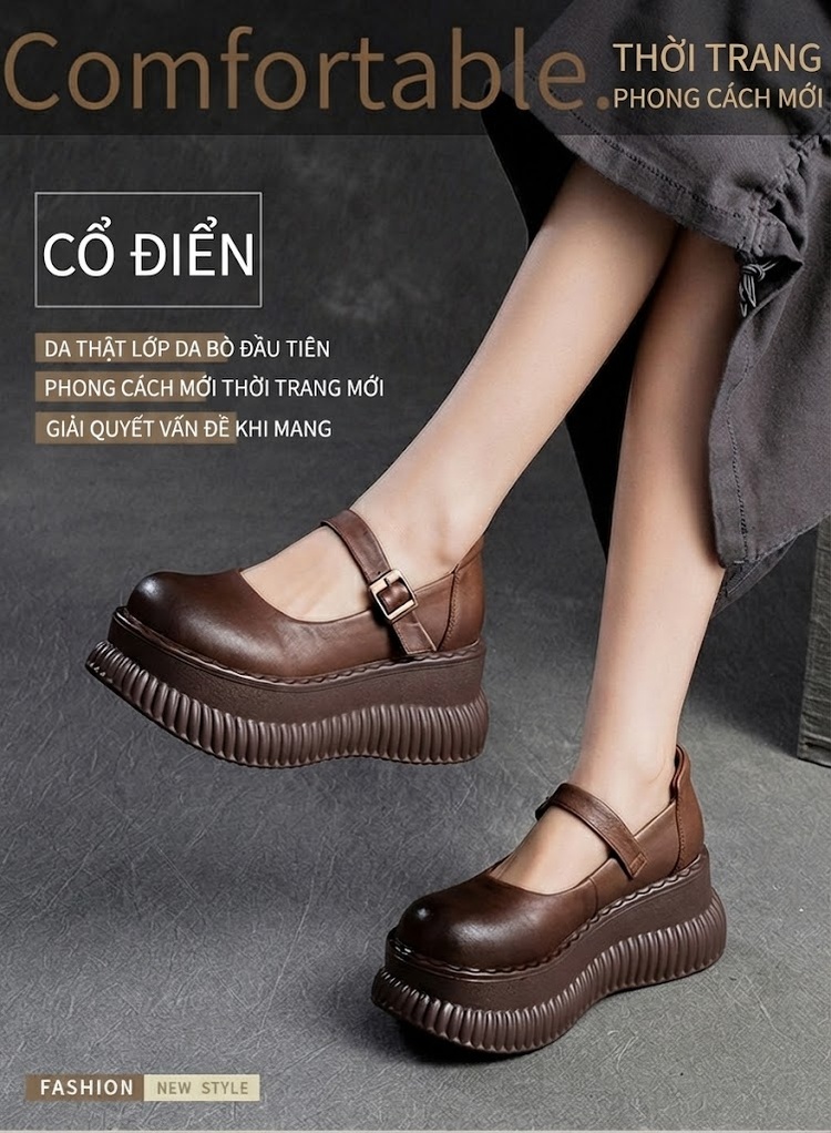 Giày Mary Jane Nữ Da Bóng Quai Cài Phong Cách Vintage Chiều Cao Đế Khoảng 5cm Màu Đen, Nâu chi tiết 1