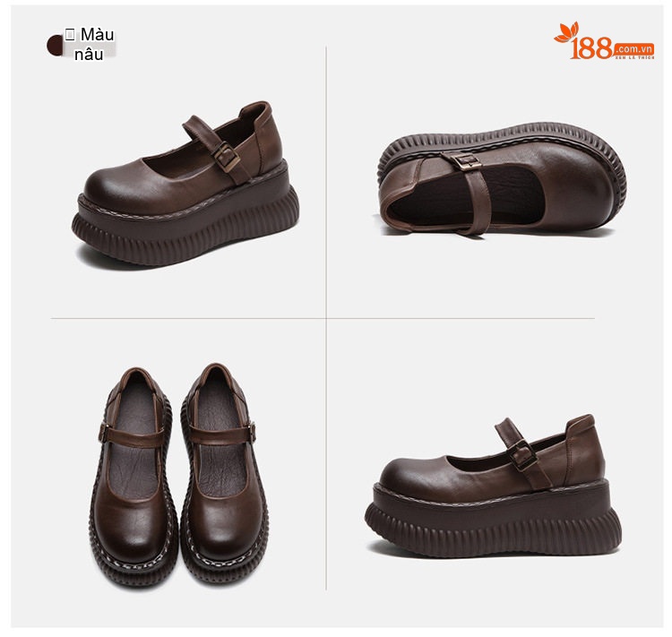 Giày Mary Jane Nữ Da Bóng Quai Cài Phong Cách Vintage Chiều Cao Đế Khoảng 5cm Màu Đen, Nâu chi tiết 16