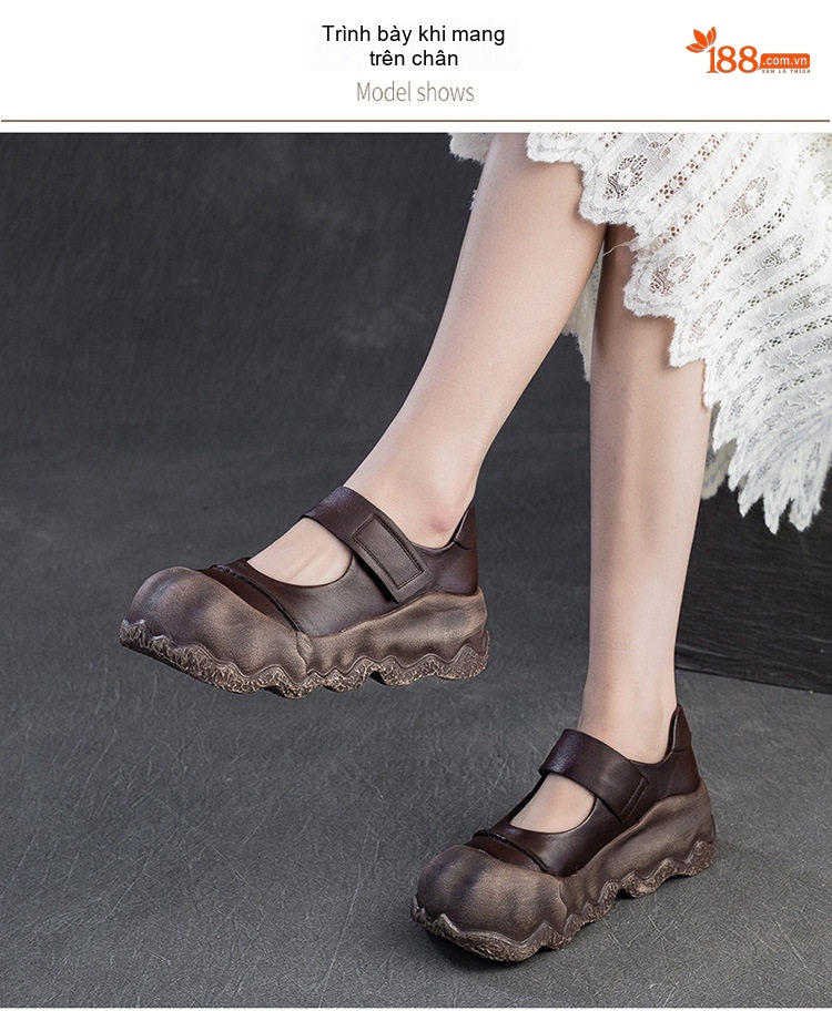 Giày Mary Jane Nữ Da Bóng Quai Dán Phong Cách Retro Chiều Cao Đế Khoảng 4cm Màu Đen, Nâu chi tiết 7