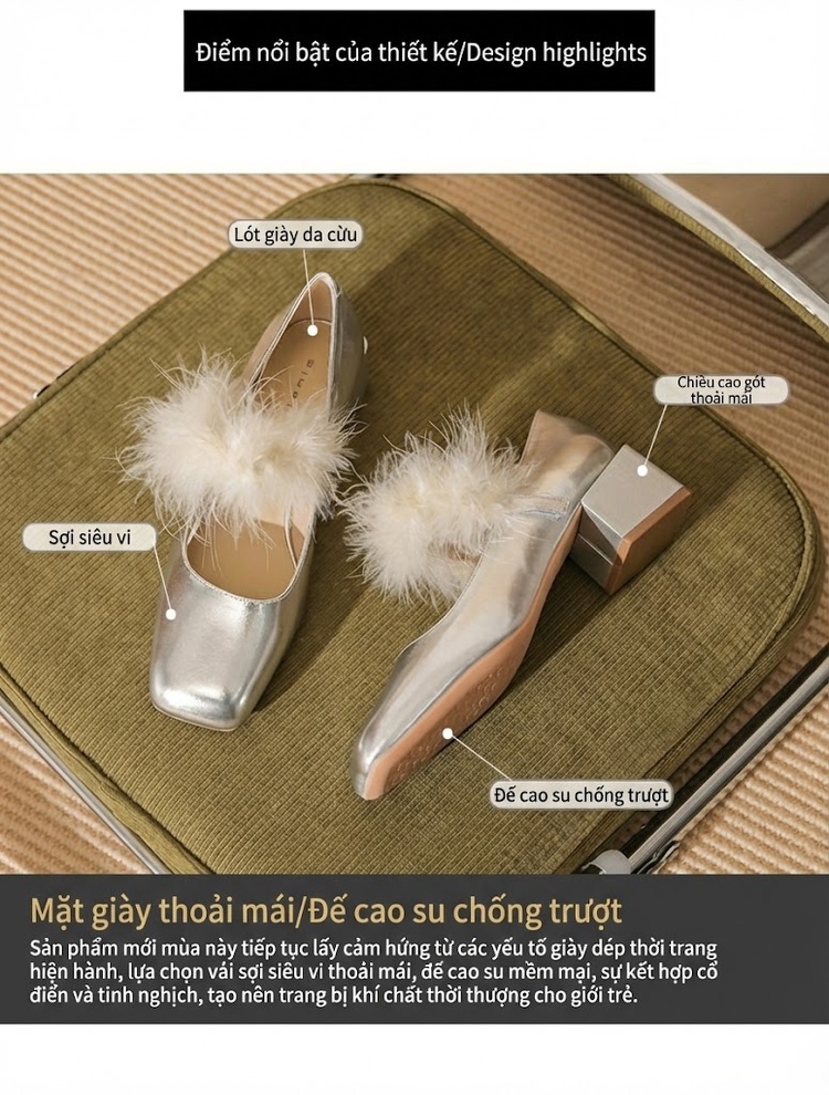 Giày Mary Jane Nữ Da Cừu Chiều Cao Đế Khoảng 3cm Gót Vuông Mũi Vuông Trang Trí Lông Màu Bạc, Đen chi tiết 4