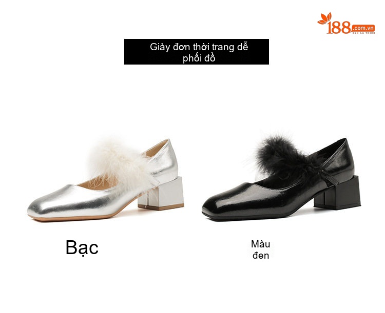 Giày Mary Jane Nữ Da Cừu Chiều Cao Đế Khoảng 3cm Gót Vuông Mũi Vuông Trang Trí Lông Màu Bạc, Đen chi tiết 7