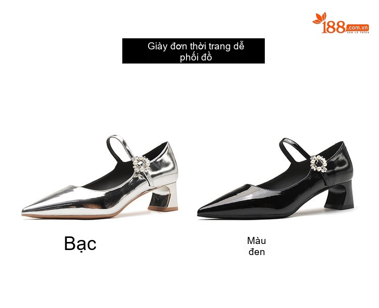 Giày Mary Jane Nữ Da Cừu Chiều Cao Đế Khoảng 5cm Mũi Nhọn Gót Vuông Quai Ngang Màu Bạc, Đen chi tiết 7