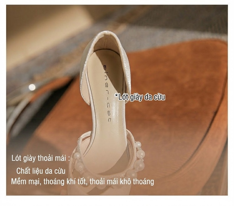 Giày Mary Jane Nữ Da Cừu Mũi Nhọn Gót Vuông Chiều Cao Đế Khoảng 4cm Đính Ngọc Trai Màu Trắng, Đen chi tiết 9