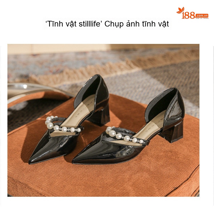 Giày Mary Jane Nữ Da Cừu Mũi Nhọn Gót Vuông Chiều Cao Đế Khoảng 4cm Đính Ngọc Trai Màu Trắng, Đen chi tiết 24