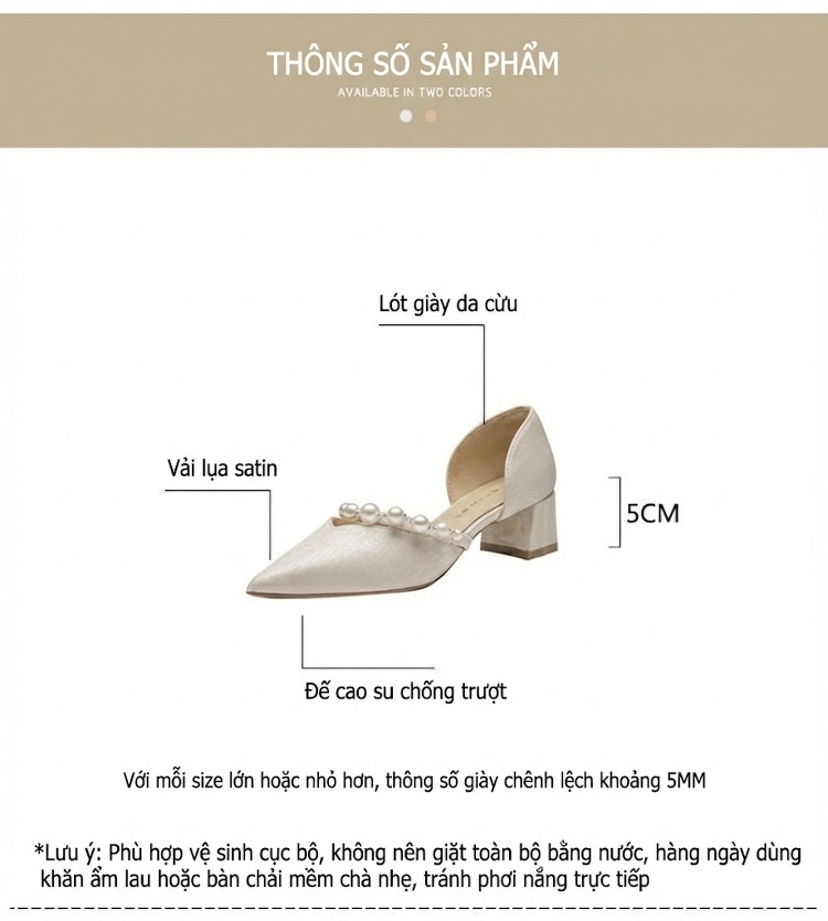 Giày Mary Jane Nữ Da Cừu Mũi Nhọn Gót Vuông Chiều Cao Đế Khoảng 4cm Đính Ngọc Trai Màu Trắng, Đen chi tiết 4