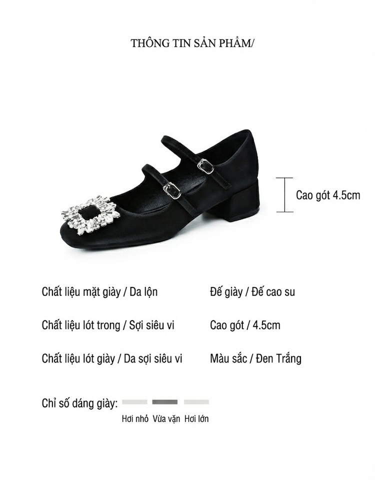 Giày Mary Jane Nữ Da Mờ Khóa Vuông Đính Đá Chiều Cao Đế Khoảng 4cm Màu Đen, Trắng chi tiết 2