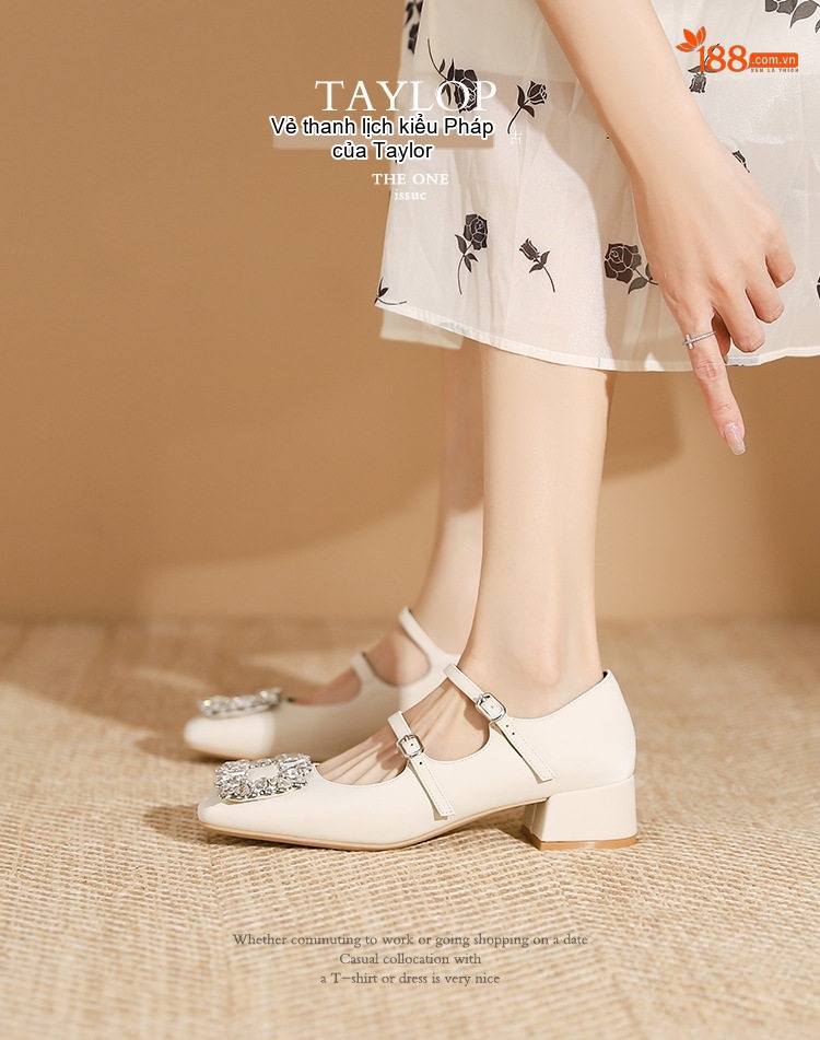 Giày Mary Jane Nữ Da Mờ Khóa Vuông Đính Đá Chiều Cao Đế Khoảng 4cm Màu Đen, Trắng chi tiết 3