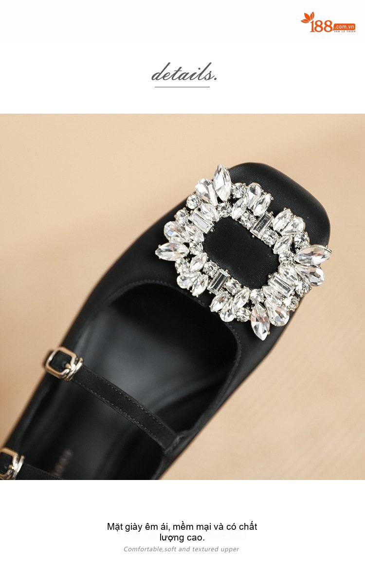 Giày Mary Jane Nữ Da Mờ Khóa Vuông Đính Đá Chiều Cao Đế Khoảng 4cm Màu Đen, Trắng chi tiết 5