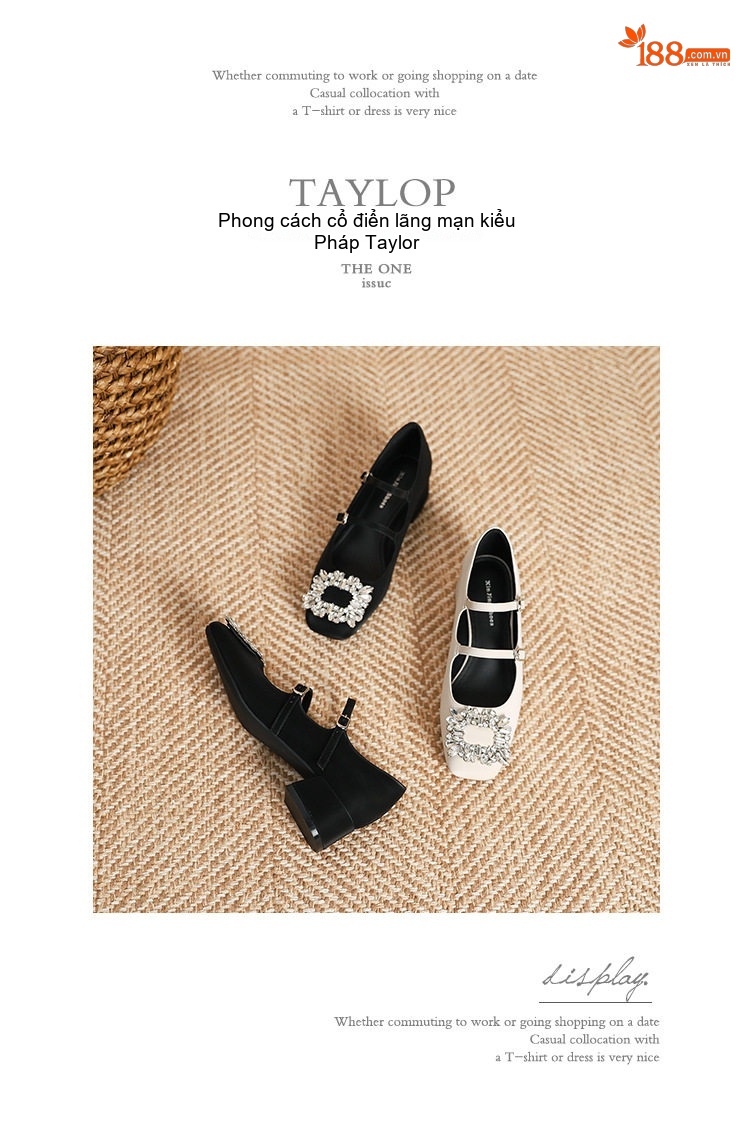 Giày Mary Jane Nữ Da Mờ Khóa Vuông Đính Đá Chiều Cao Đế Khoảng 4cm Màu Đen, Trắng chi tiết 18