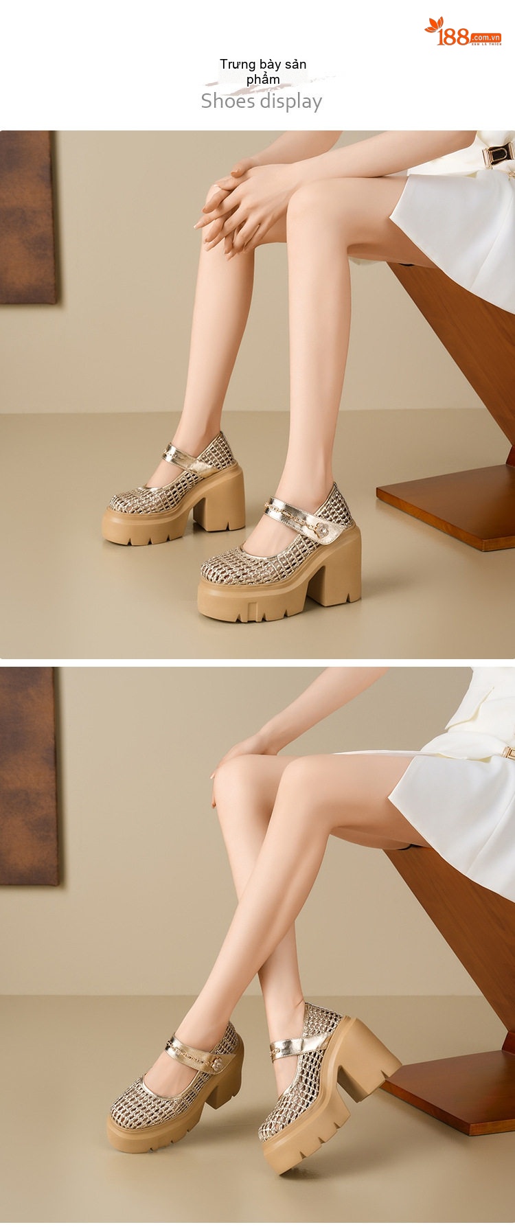 Giày Mary Jane Nữ Đế Dày 12cm Quai Ngang Da Thật Lưới Thoáng Khí Màu Be, Trắng, Đen chi tiết 2