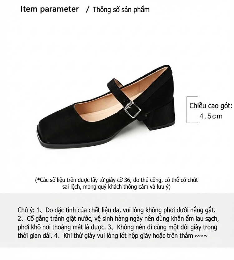 Giày Mary Jane Nữ Mũi Vuông Quai Ngang Gót Vuông Chiều Cao Đế Khoảng 5cm Màu Đen, Đỏ, Kem chi tiết 3