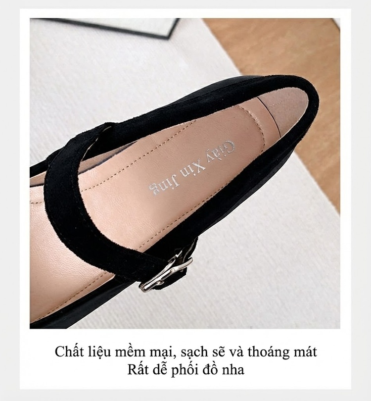 Giày Mary Jane Nữ Mũi Vuông Quai Ngang Gót Vuông Chiều Cao Đế Khoảng 5cm Màu Đen, Đỏ, Kem chi tiết 7