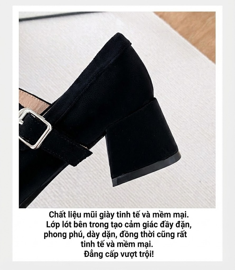 Giày Mary Jane Nữ Mũi Vuông Quai Ngang Gót Vuông Chiều Cao Đế Khoảng 5cm Màu Đen, Đỏ, Kem chi tiết 8
