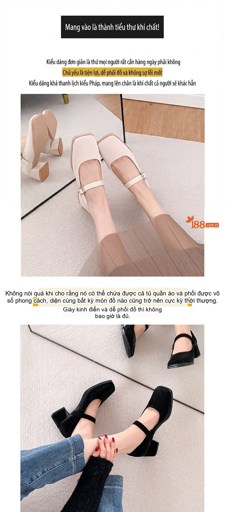 Giày Mary Jane Nữ Mũi Vuông Quai Ngang Gót Vuông Chiều Cao Đế Khoảng 5cm Màu Đen, Đỏ, Kem chi tiết 5
