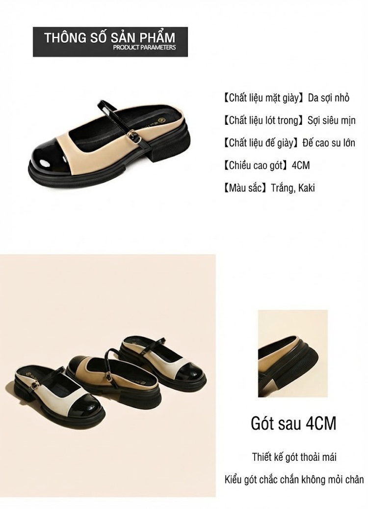 Giày Mary Jane Nữ Phối Màu Da Bóng Hở Gót Chiều Cao Đế Khoảng 3cm Màu Đen, Kem chi tiết 1