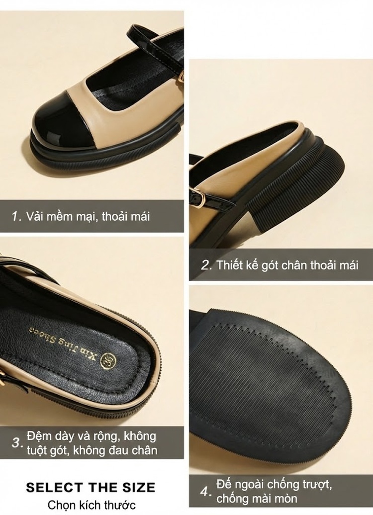 Giày Mary Jane Nữ Phối Màu Da Bóng Hở Gót Chiều Cao Đế Khoảng 3cm Màu Đen, Kem chi tiết 2