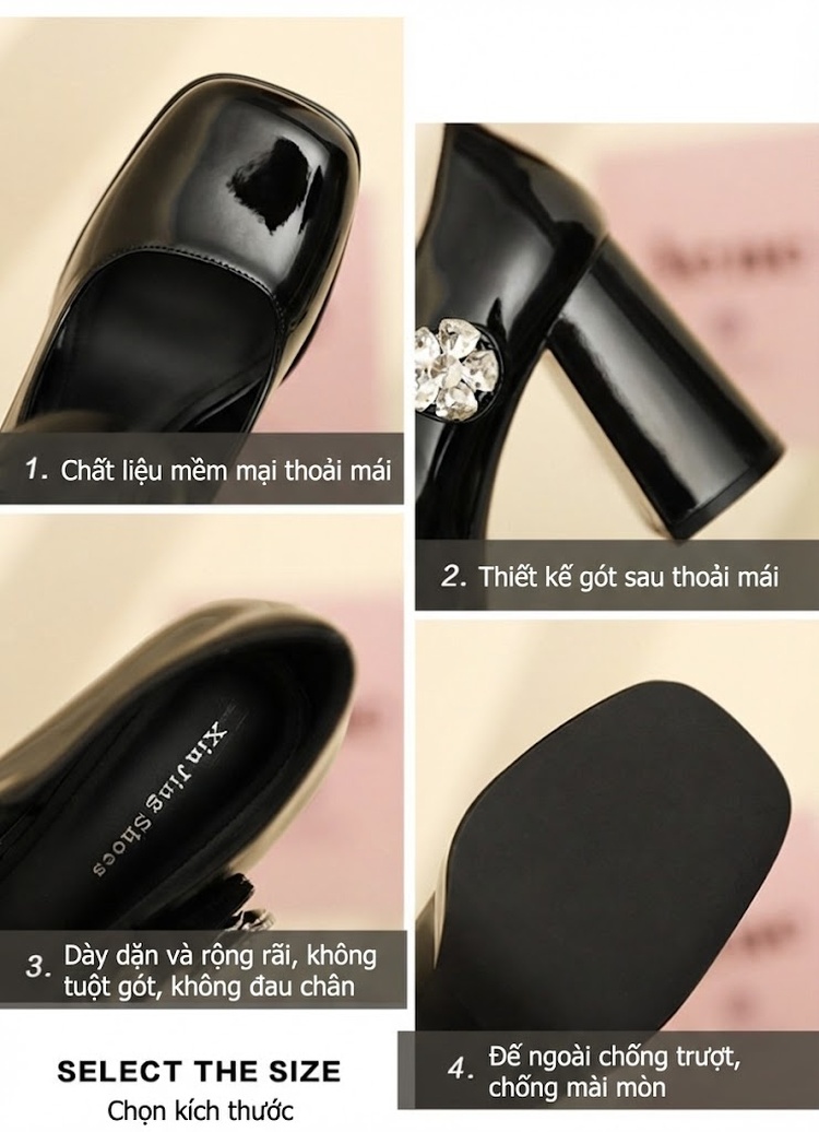 Giày Mary Jane Nữ Quai Ngang Gót Vuông Chiều Cao Đế Khoảng 7cm Trang Trí Hoa Màu Đen, Trắng chi tiết 2
