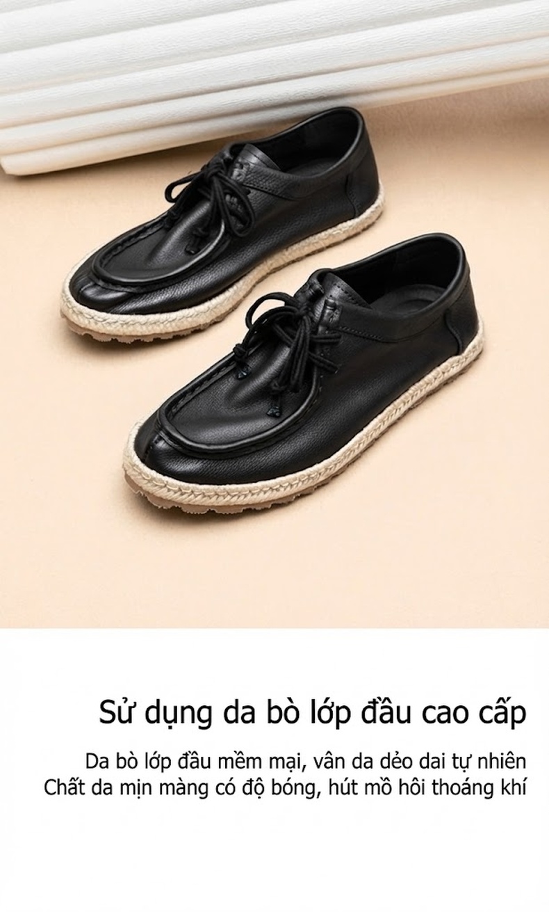 Giày Moccasin Buộc Dây Nam Da Bò Thoải Mái Chiều Cao Đế Khoảng 2cm Màu Nâu, Đen chi tiết 4