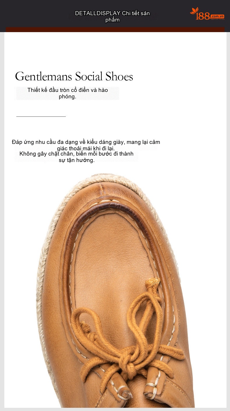 Giày Moccasin Buộc Dây Nam Da Bò Thoải Mái Chiều Cao Đế Khoảng 2cm Màu Nâu, Đen chi tiết 8