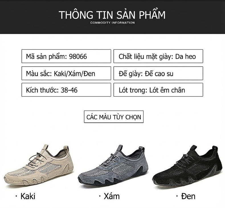 Giày Mọi Nam Da Thật Lưới Thoáng Khí Size Lớn Chiều Cao Đế Khoảng 3cm Màu Be, Đen, Xám chi tiết 3