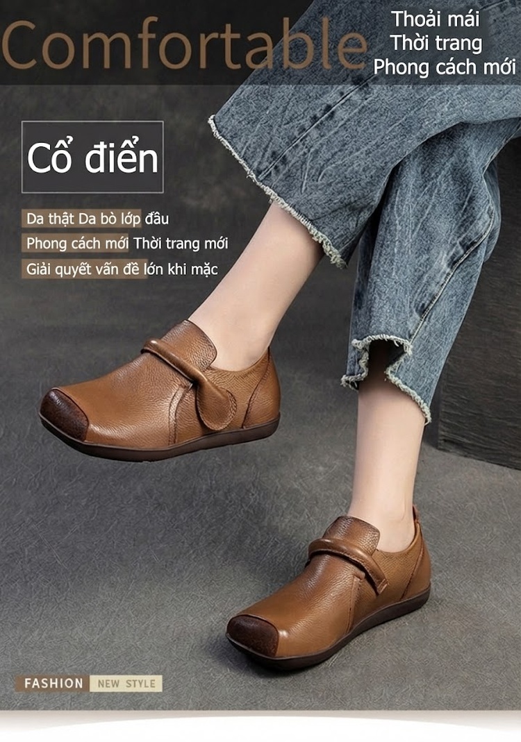 Giày Mọi Nữ Da Bò Mũi Vuông Chiều Cao Đế Khoảng 1cm Màu Nâu, Đen chi tiết 1